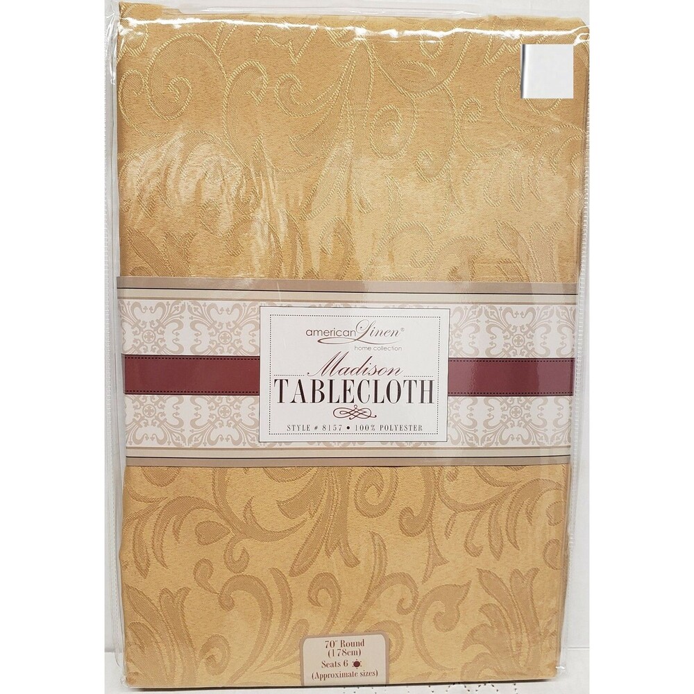 Fabric Linen Tablecloth 70" ROUND, DAMASK FLOWERS, GOLD/YELLOW, MADISON, AL